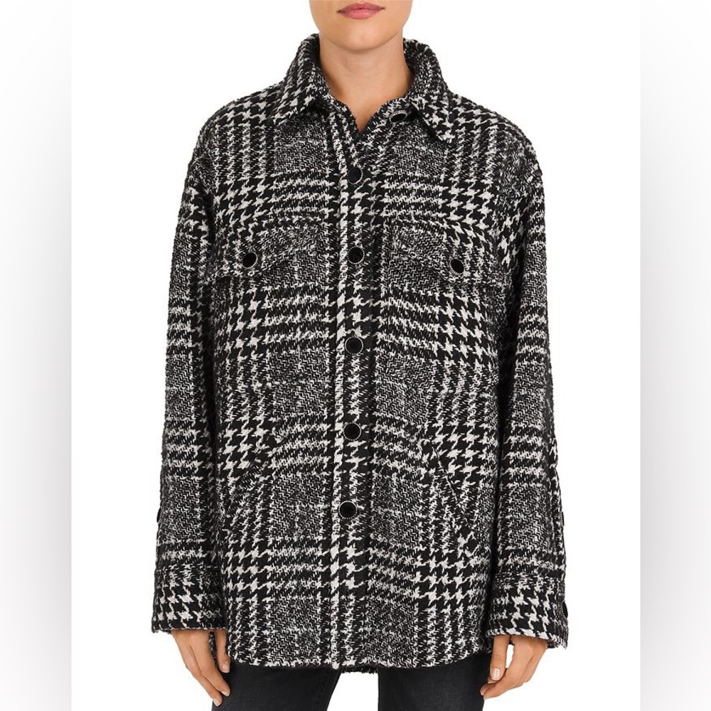 The Kooples Plaid Button-down Shirt Jacket In Ecru/black Sz Large